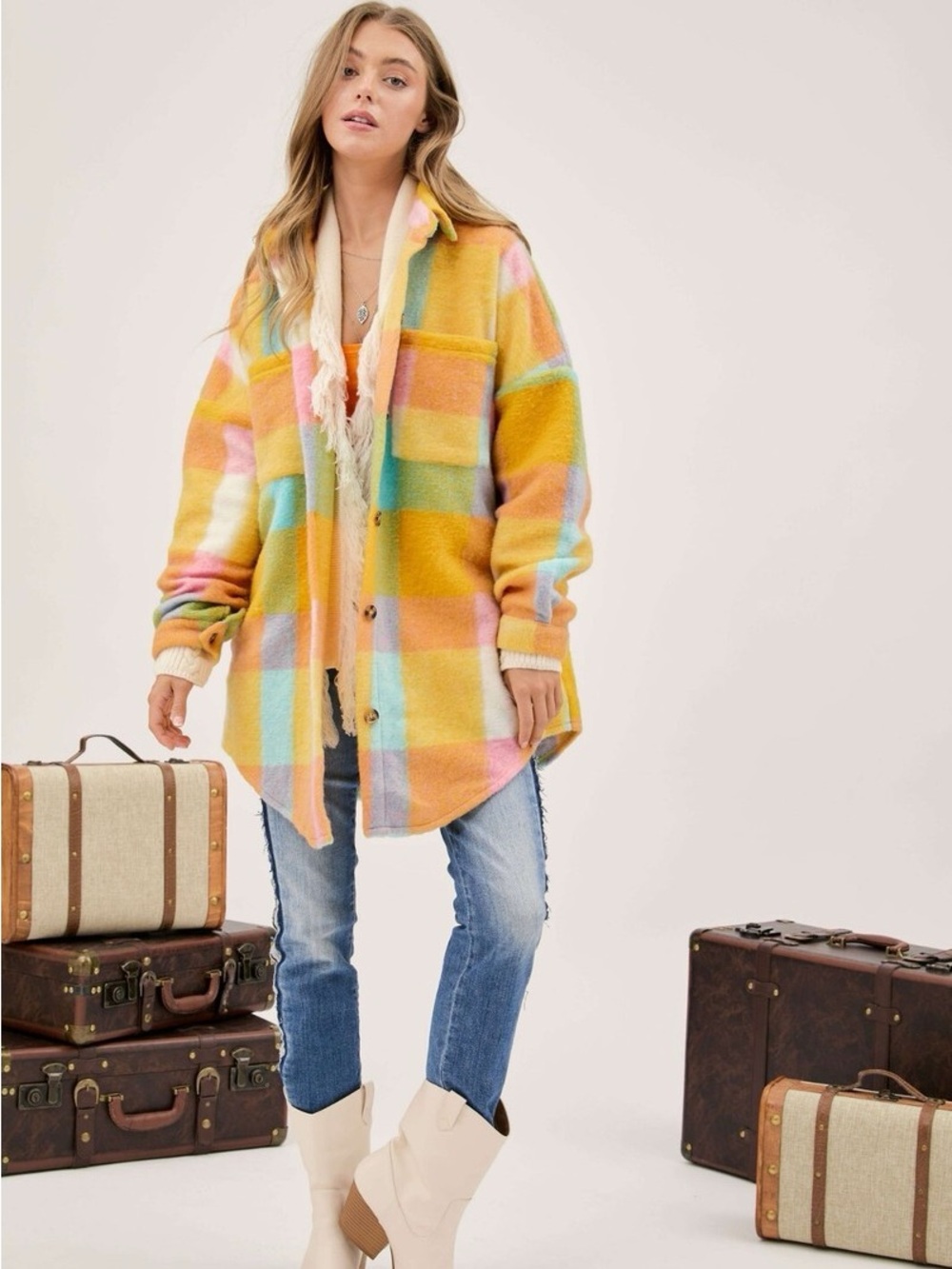 Davi & Dani Oversized Pastel Plaid Oversized Shacket Size Small